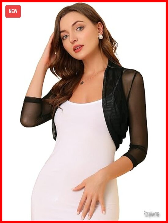 Sweaters - 3/4 Sleeve Sheer Mesh Shrug Open Front Cropped Bolero Cardigan